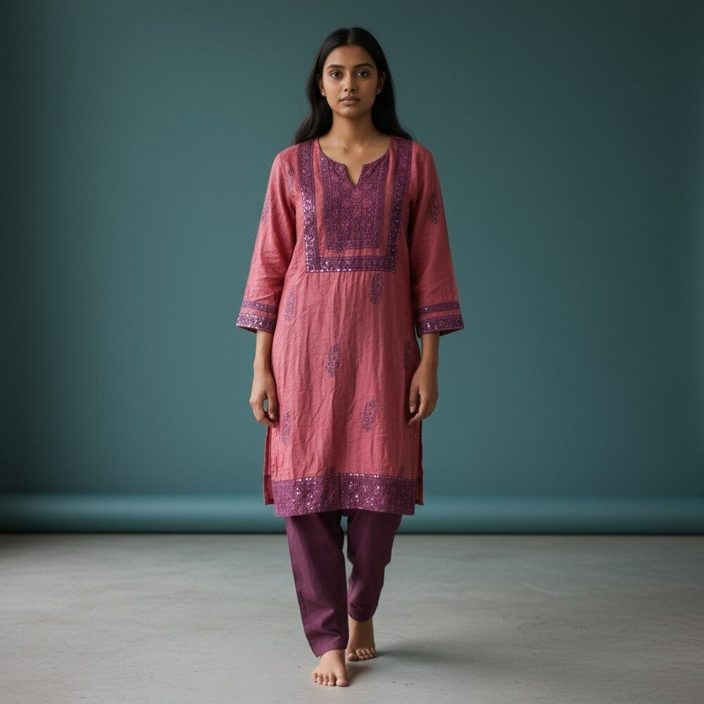 Aikya Premium Punjabi Suit L 3pc Cotton Pink Purple Print Modest Ethnic‎ Casual